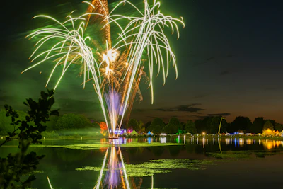 Colorful fireworks exploding in symmetrical patterns above a lakeside celebration.
