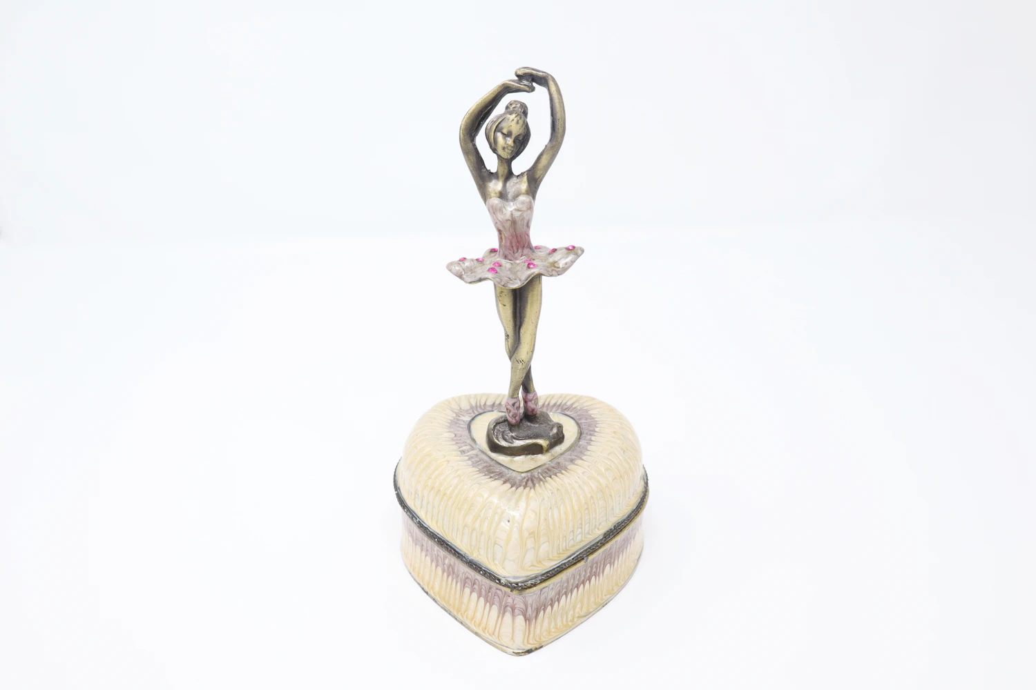 Heart Ballerina music box: a pewter dancer on an ivory enamel heart-shaped box