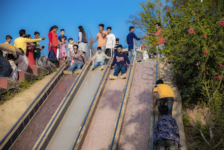 A lively scene of families enjoying the roller slide surrounded by lush greenery.