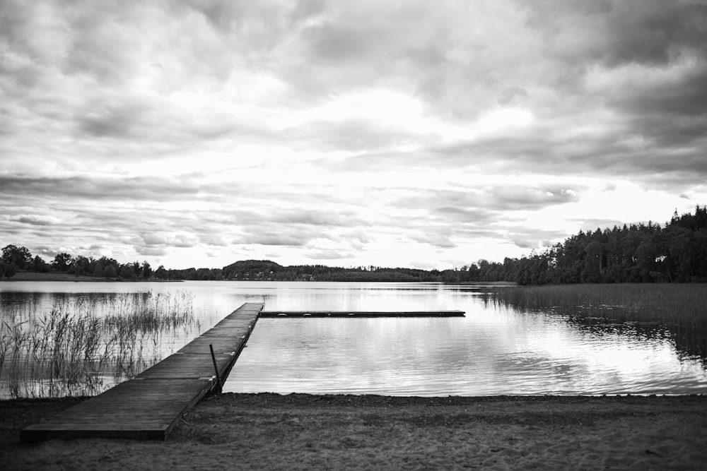 grayscale photo of dock