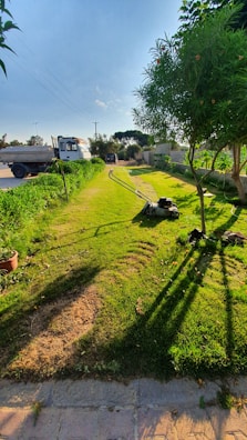 A freshly mowed lawn stretches into the distance, bordered by lush greenery on either side. A lawn mower is visible in the foreground, leaving a trail of cut grass. There are trees casting long shadows on the grass, and a paved pathway runs alongside. In the background, vehicles are parked near a road with overhead power lines.