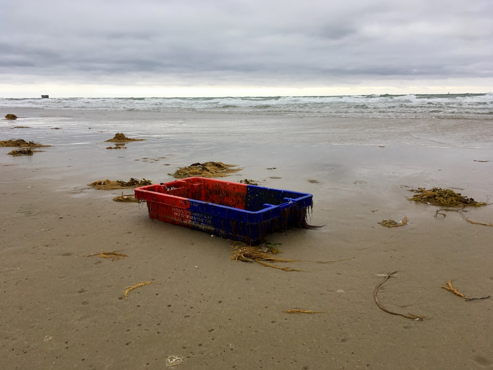 red and blue plastic tray at the shore during daytime