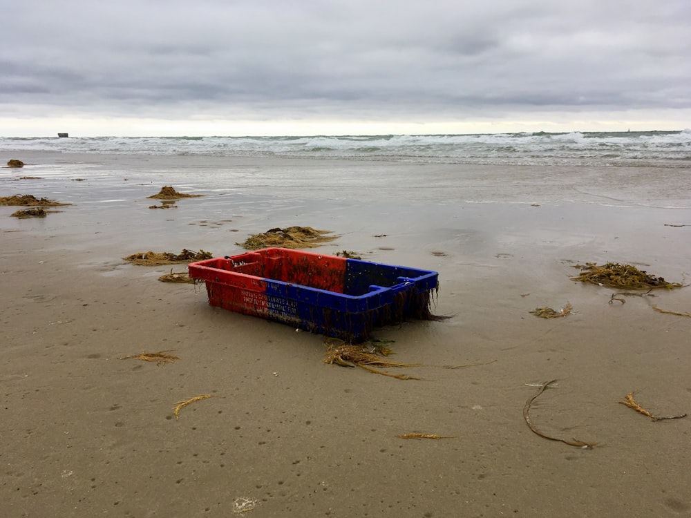 bandeja de plástico vermelha e azul na costa durante o dia