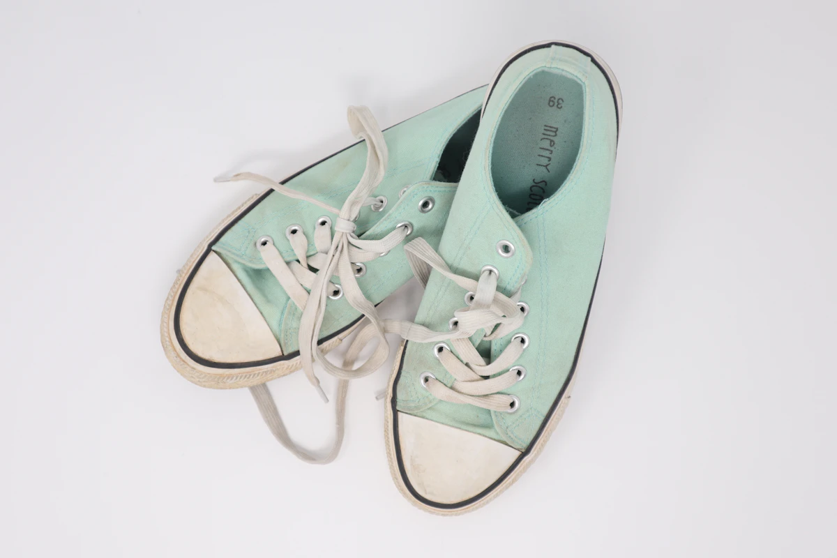 Pair of mint canvas low-top sneakers on white