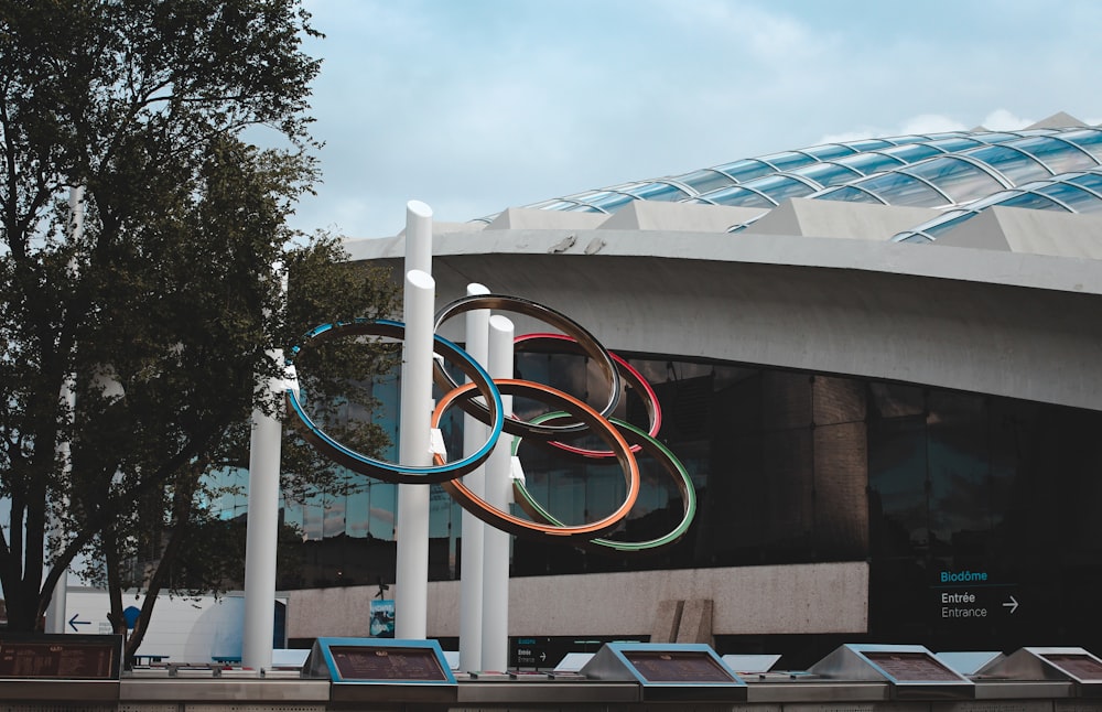 Olympic rings on white poles