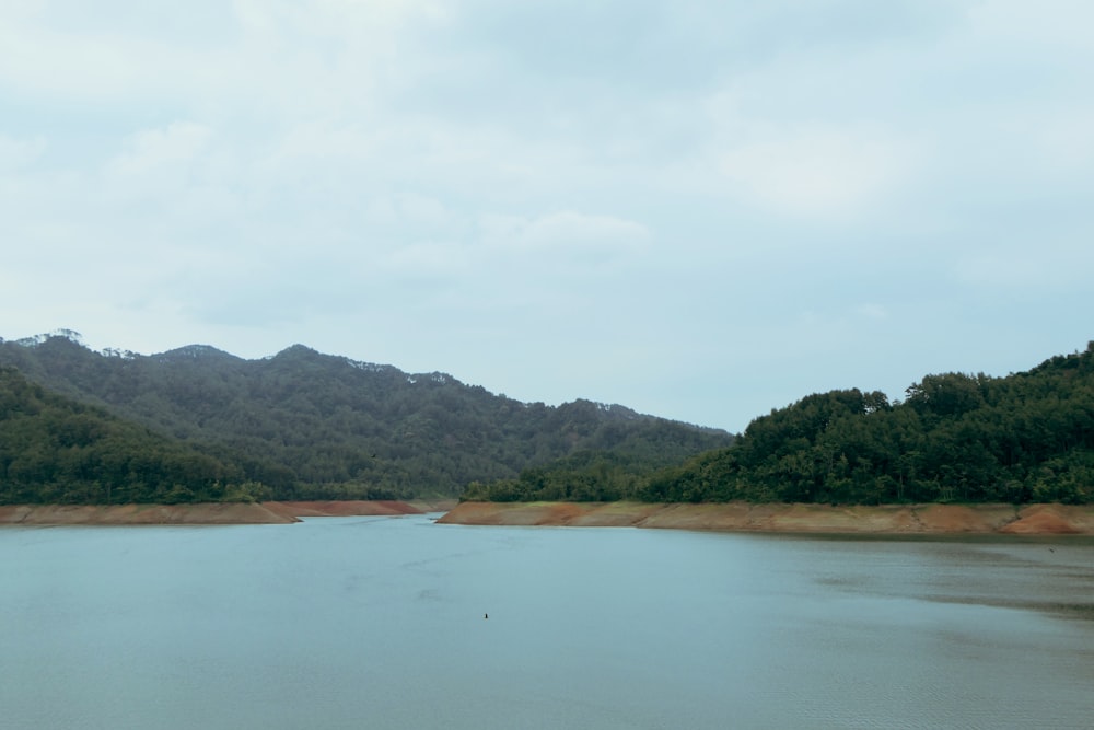 river along mountains under white and blue cloudy sky