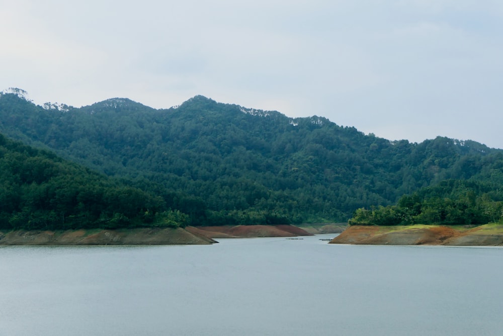 green mountain near body of water