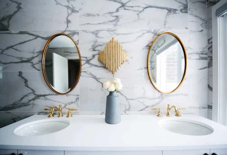 Marble bathroom with double vanity