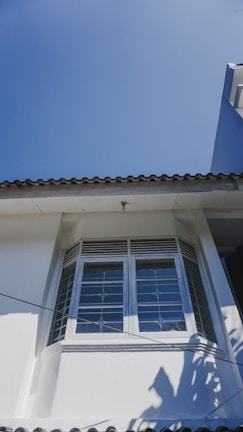 A section of a house featuring a white exterior wall with a large window consisting of six glass panes. The window is adorned with horizontal and vertical muntin bars, creating a grid pattern. A corrugated roof edge is visible in the lower portion of the image, along with shadows of foliage casting shapes on the wall.