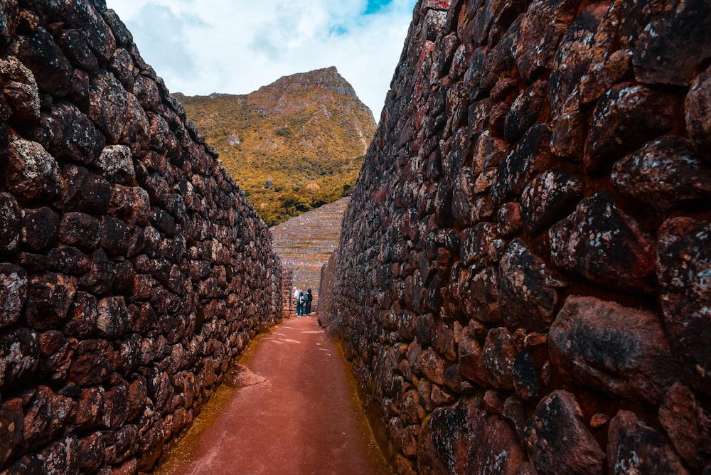 brown pathway between brown stone walls
