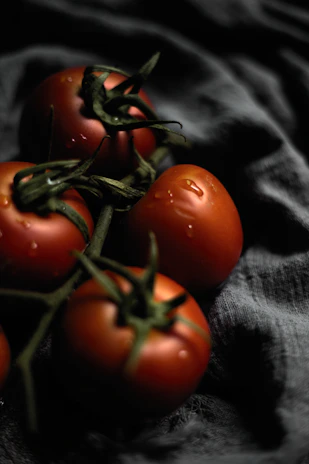 Close-up of matte forest green framed shot featuring ripe crimson tomatoes stacked with dew drops, styled freshly for content.