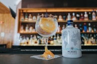 A glass garnished with an orange slice and peel holds a clear beverage on a bar counter, with a bottle of Nordés Atlantic Galician Gin placed beside it. Behind the counter, shelves display various bottles, softly illuminated in warm light.