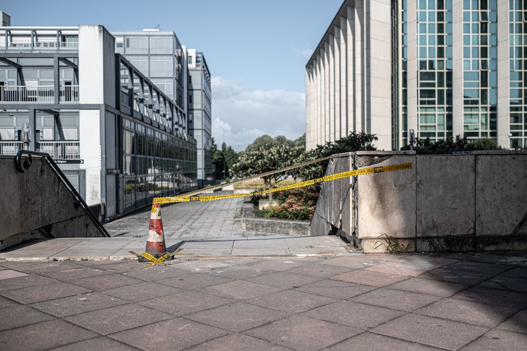 stairs outdoor with early warning design and caution tape, Staff Only