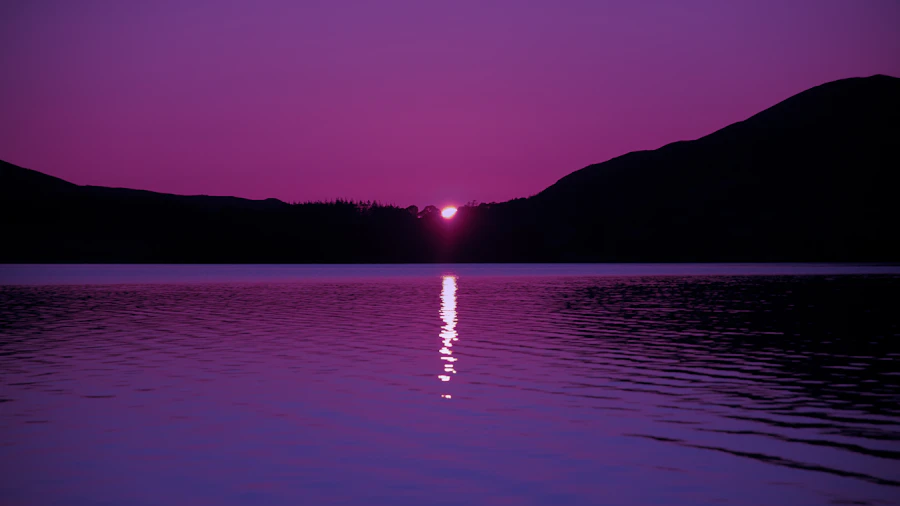 Violet sunset over calm water