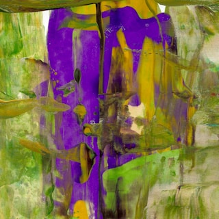 An abstract painting with swirling patterns and a mix of vivid colors. It features prominent hues of purple and green, interspersed with splashes of yellow. The brushstrokes are dynamic and layered, creating a sense of depth and movement. The composition appears to be asymmetrical, with organic shapes blending into one another, creating a vibrant and expressive visual effect.