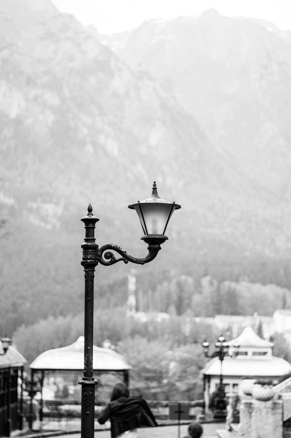 white and black post lamp close-up photography