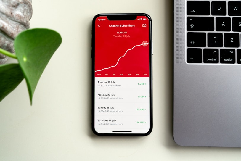 A smartphone displaying subscriber statistics with a rising graph and specific numbers on a red background sits on a desk beside a silver laptop. A green plant leaf is partially visible on the left side of the image.