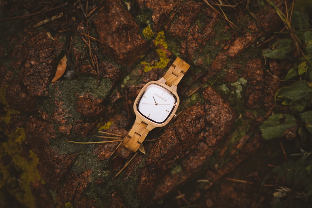 a wooden watch sitting on top of a rock