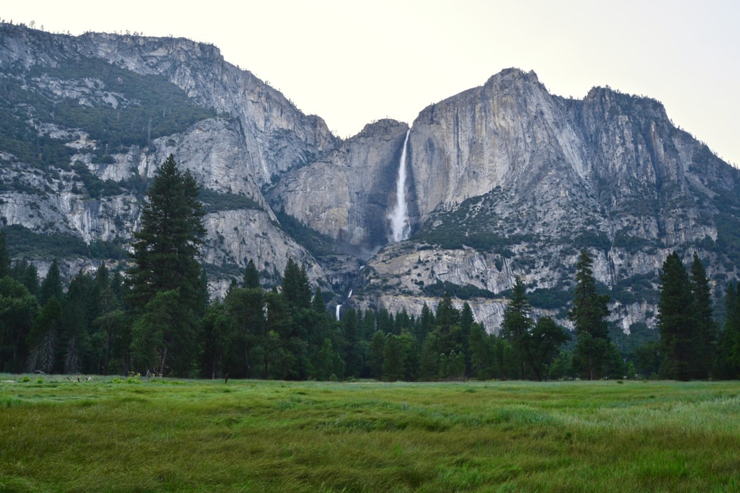 waterfalls viewing mountain and green field