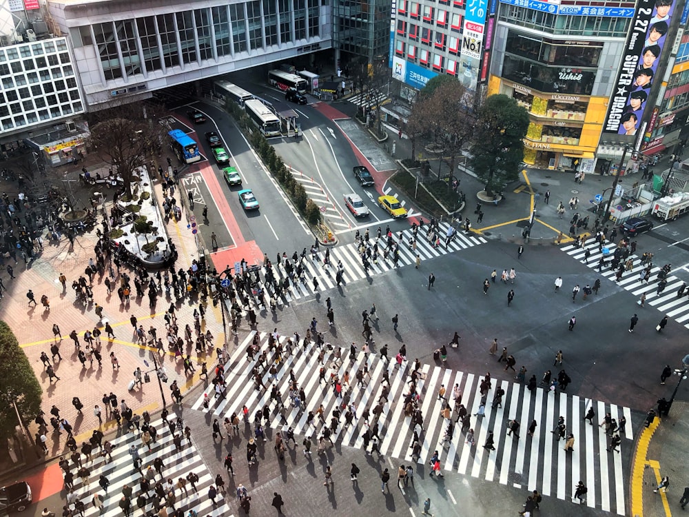 fotografia aérea de pessoas caminhando na estrada durante o dia
