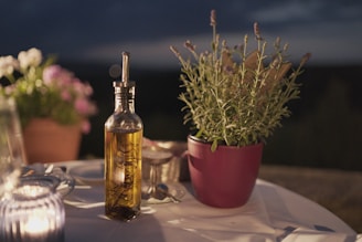 clear glass bottle beside plant