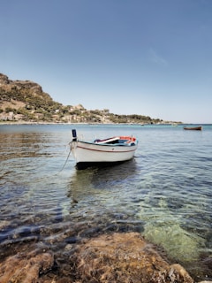 A small boat gliding over crystal-clear waters near a quiet coastal village.
