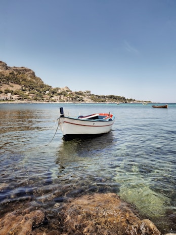 A small boat gliding over crystal-clear waters near a quiet coastal village.
