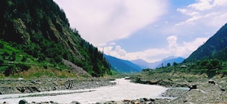 A serene river flows between two lush, green mountains under a partly cloudy sky. The landscape is dotted with trees, and the mountains' slopes are covered with dense forests. The river is fast-flowing, with rocks and greenery along its banks. The sky has a mix of bright blue and white clouds.