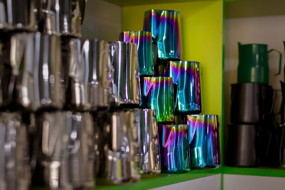 iridescent vases on shelf