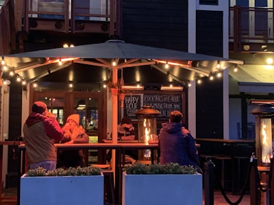An outdoor seating area of a restaurant or bar with a few people sitting around tall tables under a canopy. String lights and heaters create a warm atmosphere, while a chalkboard in the background advertises happy hour specials. The area is cozy, with potted plants adding to the decor.