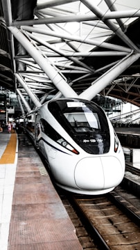 A modern high-speed train is stationed at a platform within an architectural setting featuring intricate metal beams and a glass roof. The sleek, aerodynamic design of the train is accented by its smooth white and black exterior. The station appears spacious, with a few people in the background.