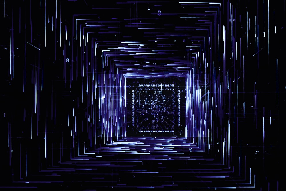 a very dark room with a very large square in the center