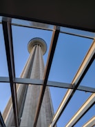 Close-up of a triangle tower with clear blue sky.
