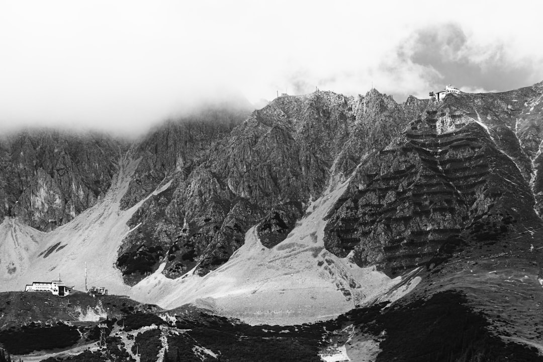 grayscale photo of mountains