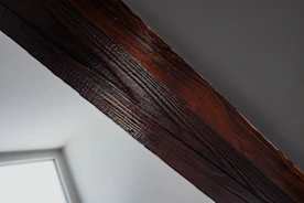 Technician inspecting a wooden beam for termites in a bright, clean home.
