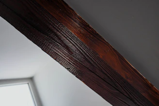 A professional surveyor inspecting a wooden beam in a cozy, well-lit home.