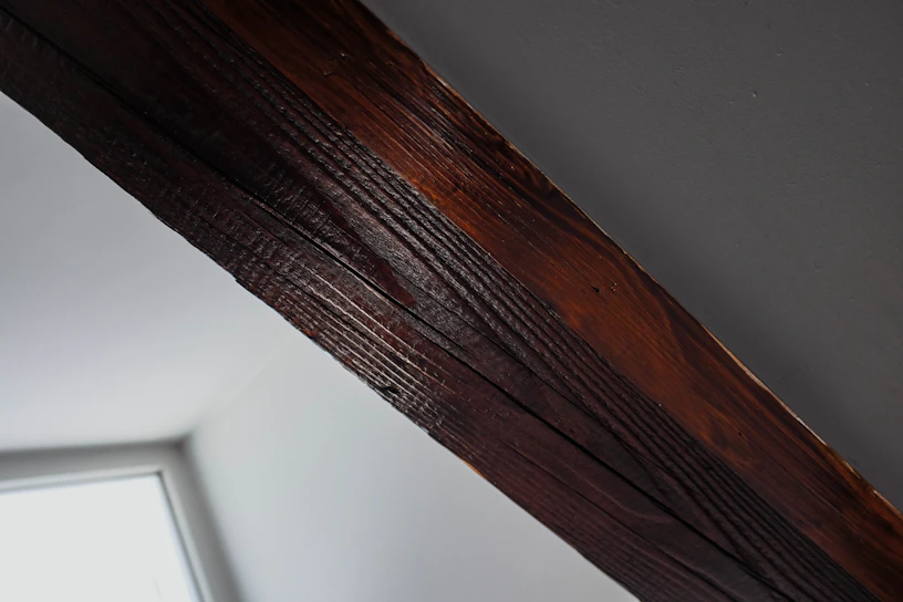 A technician carefully inspecting a wooden beam for termite damage inside a cozy home.