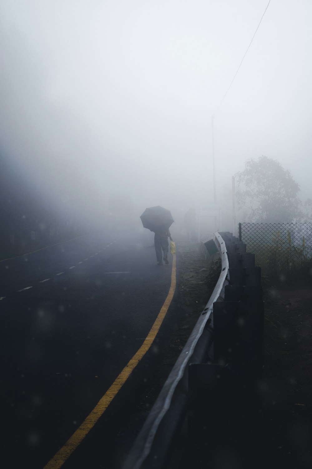 a person with an umbrella walking down a foggy road