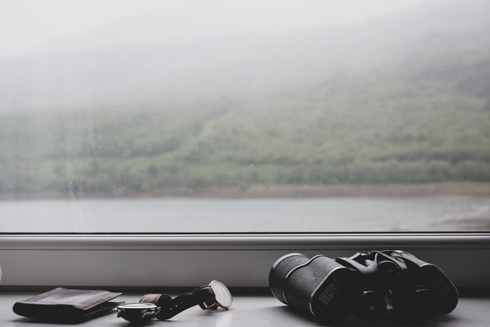 close-up of black binoculars