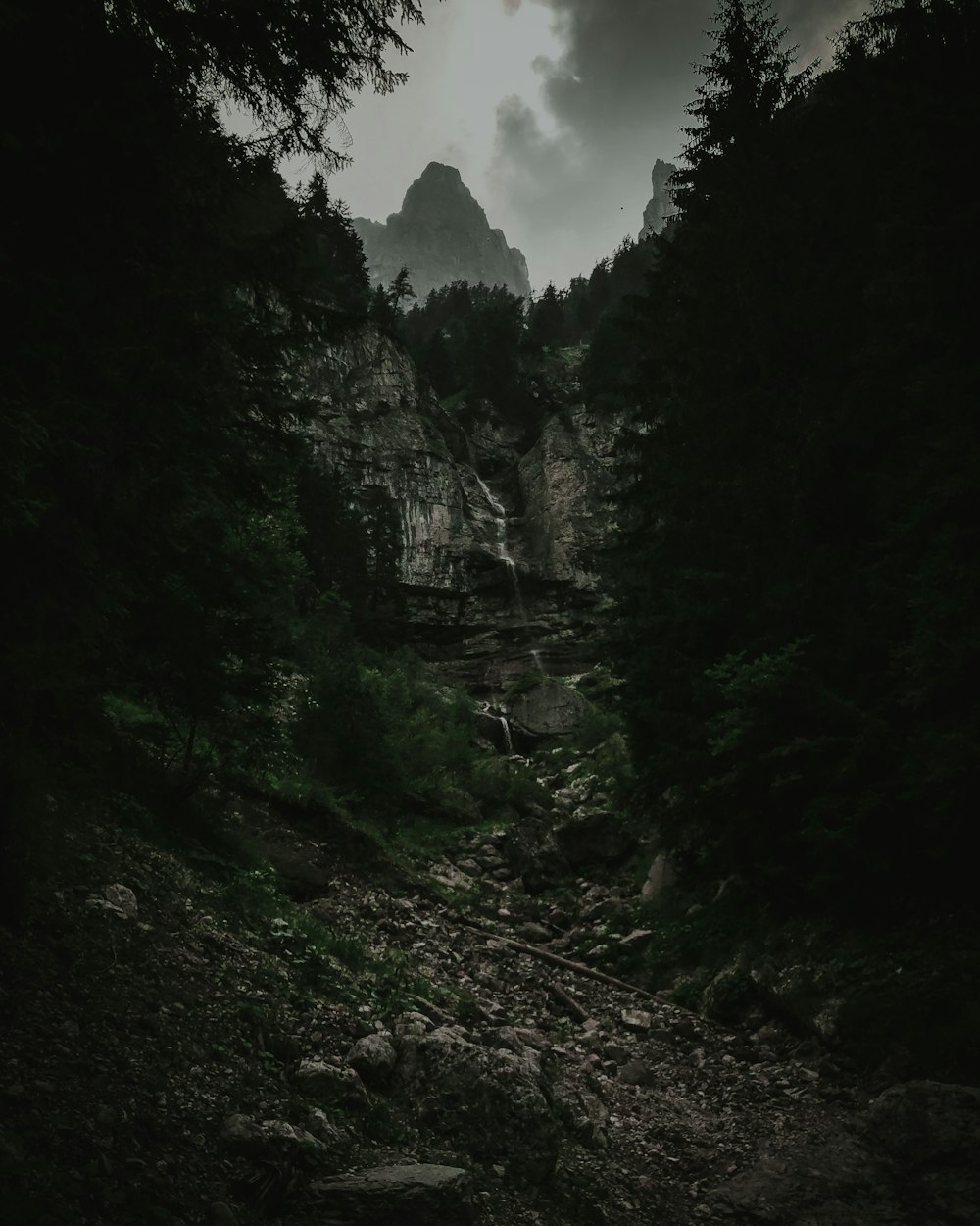 waterfalls viewing mountain under white and gray sky