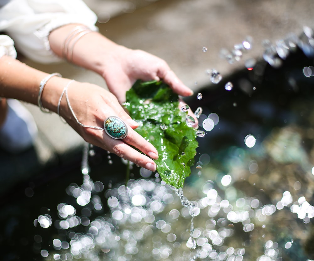 woman getting leaf from body of water