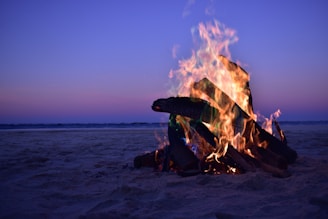 Evening beach bonfire with friends in cozy Beach Life hoodies and casual wear under a sky fading to twilight.