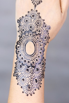 A detailed and intricate henna design is drawn on a person's forearm. The pattern features symmetrical floral motifs and a central oval shape, surrounded by circular designs and dots, exhibiting a traditional and artistic style.