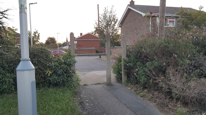 A residential street scene with houses made of brick and surrounded by greenery. There is a pathway leading into the neighborhood, bordered by bushes and flowers. The scene includes utility poles and a street lamp, with a mostly clear sky in the background.