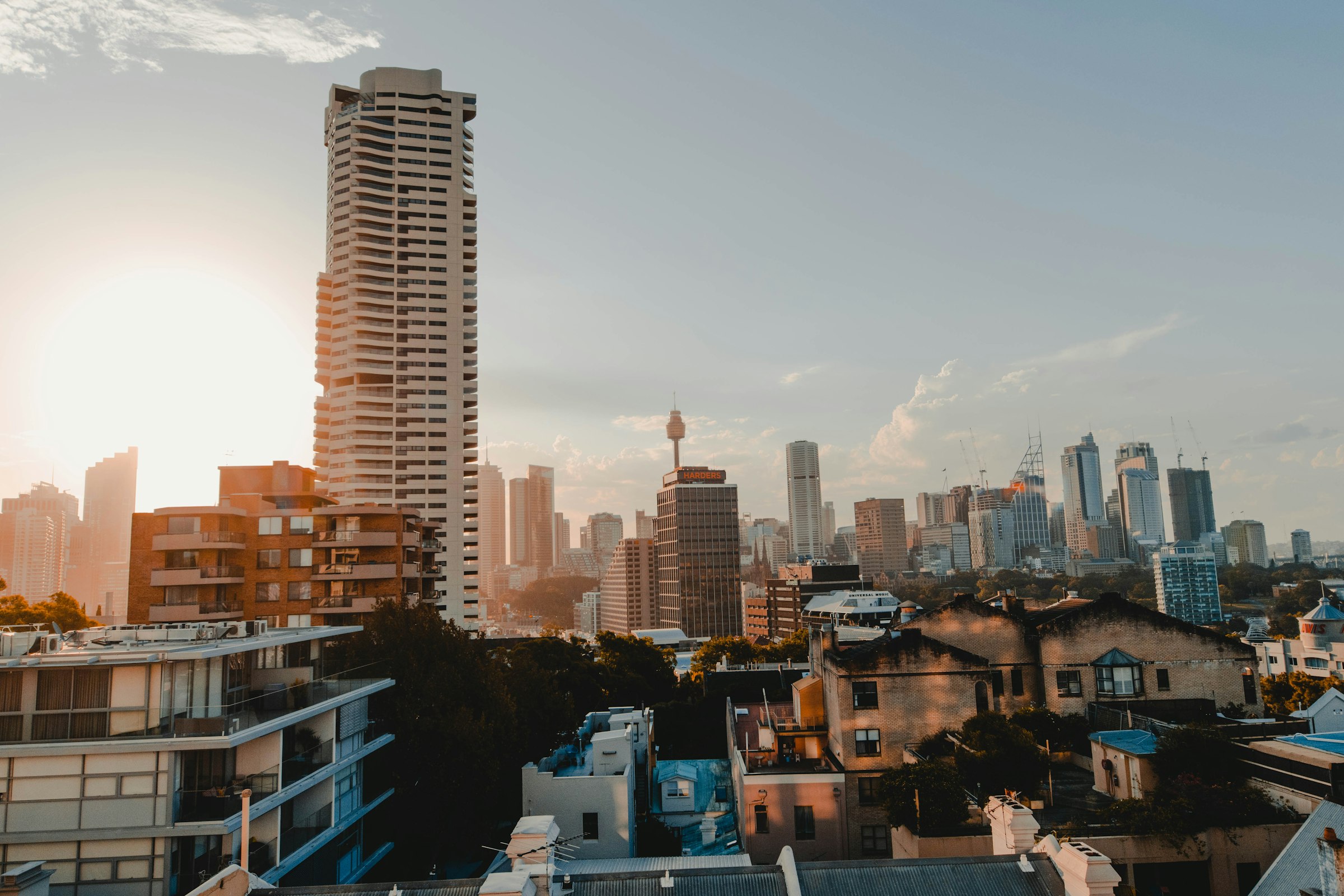 City skyline at golden hour
