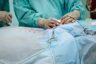 Medical professionals wearing surgical gowns and gloves are performing a surgical procedure. Various surgical instruments, including clamps, are visible on a surgical drape, which has blood stains on it.