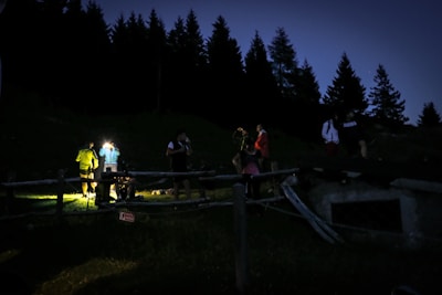 Volunteers coordinating a search effort in a wooded area at dawn.