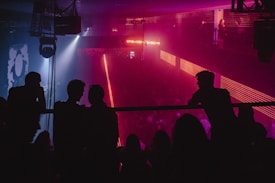 A dimly lit nightclub or concert venue with people silhouetted against vibrant pink and purple lighting. The setting has an energetic atmosphere with visible neon signs, stage equipment, and a packed crowd.