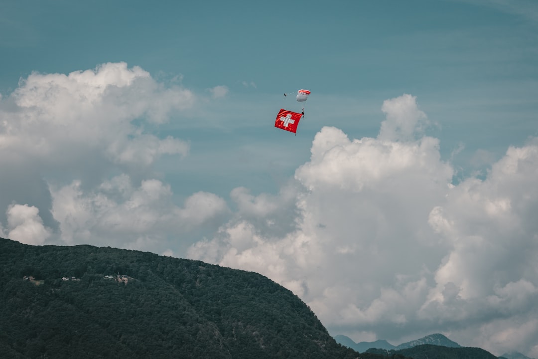 view of Switzerland parachute about to land