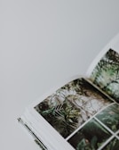 A book is open to a page displaying photographs of lush green foliage and plant life, suggesting a theme of nature or botany.